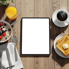 Tablet Mockup on Breakfast Table with Coffee, Juice, and Toast