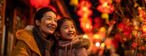 Chinese woman and child girl smiling while celebrating Lunar New Year night  