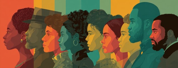 Group of black people in profile against colorful backdrop, heritage month concept