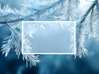 Frozen pine branches frame a serene winter scene with a frosty ambiance