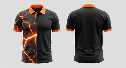 Realistic men's polo shirt mockup featuring creative blue dripping paint or melting slime graphic on white fabric front and back view isolated.