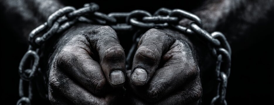 Black man hands bound by heavy chains - Powered by Adobe