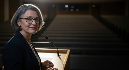 Confident mature caucasian female speaker at empty auditorium podium