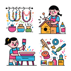 Cartoon girl in pink apron preparing food at a blue table