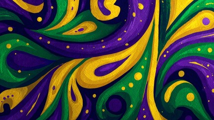 Colorful abstract swirl pattern in purple, green, and yellow hues, Mardi Gras background concept 
