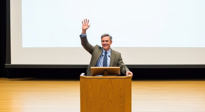 Caucasian male speaker giving presentation on stage