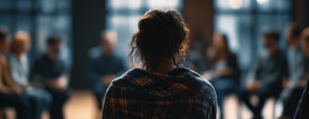 Woman sitting in group therapy session and looking at participants  