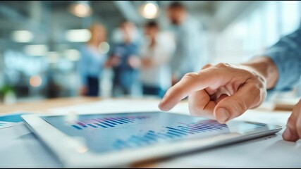 Close-up of hands pointing at a digital tablet displaying rising financial trends, with blurred colleagues discussing strategy in the background, clean and modern workspace. - Powered by Adobe