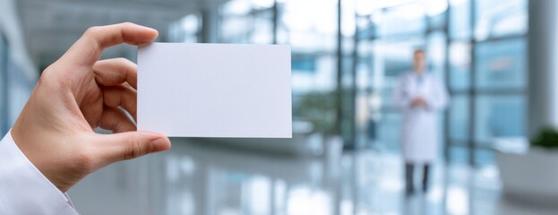 Medical staff member holding blank card mockup in hospital corridor  