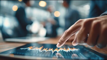 Close-up of hand pointing at digital tablet showing upward financial trend with blurred colleagues discussing strategy in the background. - Powered by Adobe