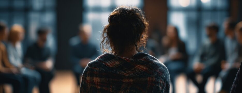 Woman sitting in group therapy session and looking at participants