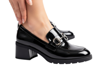 Black patent leather chunky heel loafers with buckle detail transparent background cutout png