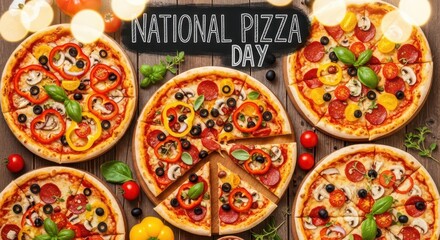 A delightful spread of various pizzas, showcasing different toppings and styles, perfect for celebrating national pizza day with friends and family
