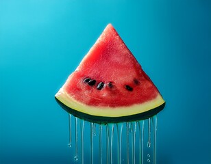 Fresh and Juicy: Close-Up of a Dripping Watermelon Slice Against a Vibrant Blue Background, Tempting and Refreshing
