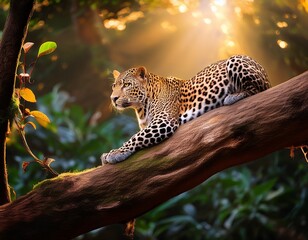 Leopard Lounging: A Stunning Wildlife Portrait of a Spotted Predator in its Natural Habitat, Bathed in Golden Sunlight