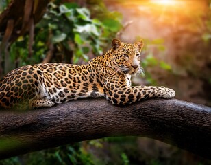 Leopard Lounging: A majestic feline rests peacefully on a tree branch, sunlight dappling through the leaves above, wild and serene.