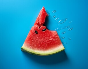 Refreshing Bite: Watermelon Slice with Water Droplets on a Bright Blue Background, a Summertime Treat