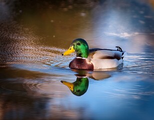 Serene Reflection: A Mallard Duck Glides on the Calm Water, Mirroring its Vibrant Plumage in the Lake's Tranquil Surface