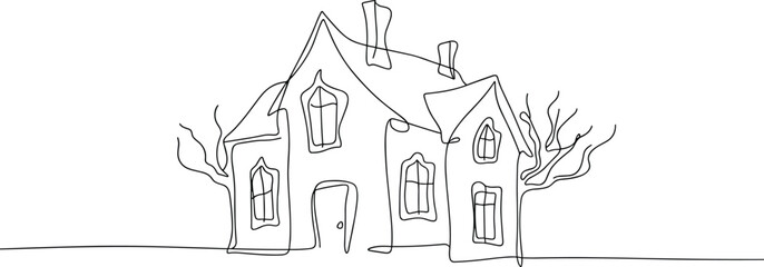 Obraz premium Single line drawing of a house with trees outline architecture