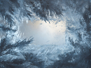 A frosty window view framed by icy branches in a winter wonderland