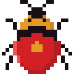 Pixelated red ladybug illustration with black and yellow details isolated on a white background in a retro style