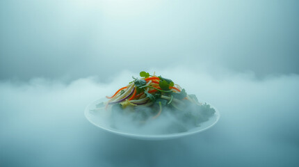 A foggy image of a healthy vegetable salad for the launch