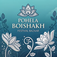 Pohela Boishakh Bazaar Poster Indigo Lotus Flower Silver Embossing Vector