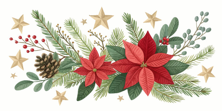 Vector  christmas  watercolor christmas arrangement with poinsettias and pine branches
