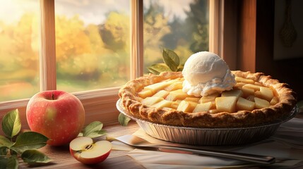 A rustic scene of freshly baked apple pie cooling by the window, with a scoop of vanilla ice cream melting on top