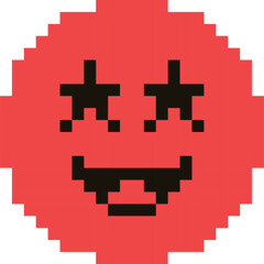 Pixelated Red Smiley Face Icon with Star Eyes and Open Mouth Against a Transparent Background