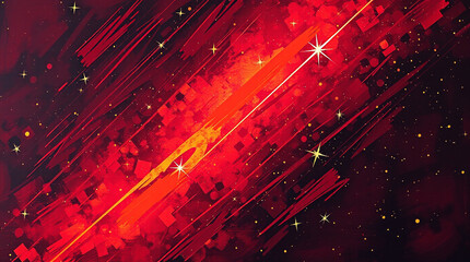 A bold acrylic painting of a shooting star sky at night, rendered in warm, vibrant reds, oranges, and yellows with textured brushstrokes.