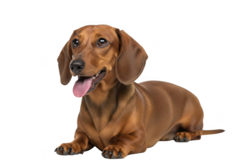 Adorable dachshund dog lying down with tongue out, cute pet animal image, canine breed portrait, studio shot, isolated on transparent background