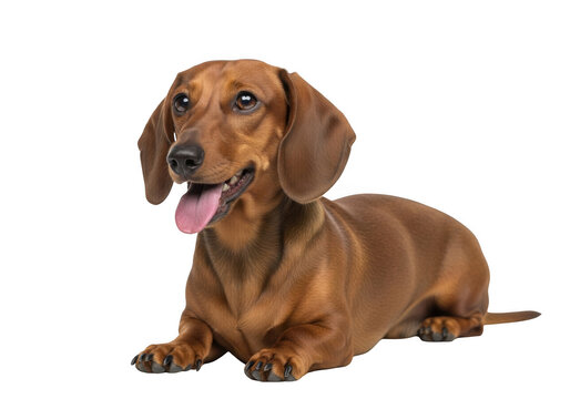 Adorable dachshund dog lying down with tongue out, cute pet animal image, canine breed portrait, studio shot, isolated on transparent background