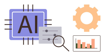 AI microchip, settings panel with sliders, magnifying glass, gear, and bar graph representing data analysis and automation. Ideal for technology, innovation, data science, AI tools automation