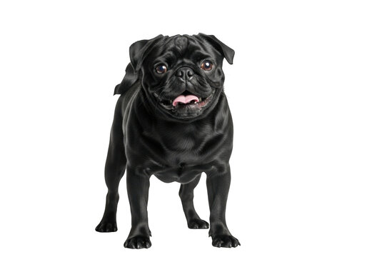 Full body portrait of a cute black pug dog standing upright, adorable pet with funny face, isolated on transparent background