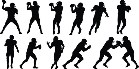 Set of black silhouettes of American football players running, throwing, and tackling, sport vector illustration, isolated on white background.