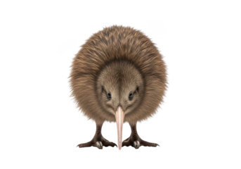 Detailed close-up of a brown kiwi bird facing forward, wildlife photography, ornithology study, animal portrait, new zealand bird, isolated on transparent background