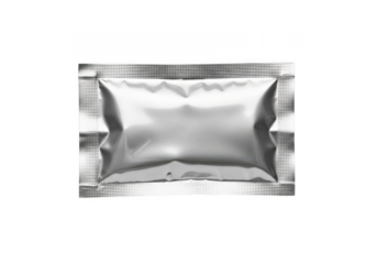 Silver foil sachet mockup, blank packaging pouch for food, cosmetic, or medicine, sealed pack template, metallic bag mock-up, isolated on transparent background