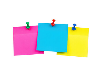 Colorful sticky notes with push pins png, pink, blue, yellow, reminder, memo, office, school, notice, bulletin board isolated on transparent background
