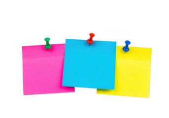 Colorful sticky notes with push pins png, pink, blue, yellow, reminder, memo, office, school, notice, bulletin board isolated on transparent background