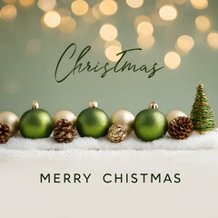 Christmas ornaments and pinecones arranged on a snowy surface with bokeh lights