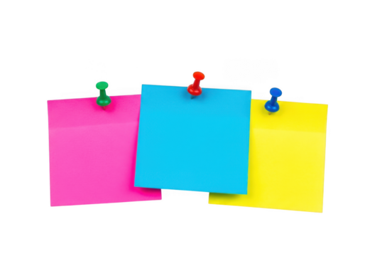 Colorful sticky notes with push pins png, pink, blue, yellow, reminder, memo, office, school, notice, bulletin board isolated on transparent background