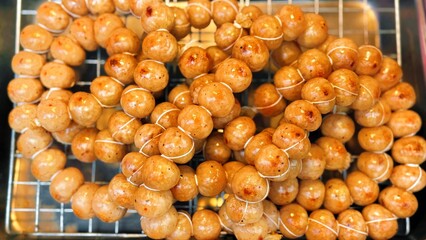 Thai Sausage Grilled on Street Food Stall, Thai street food, Traditional Sausage 