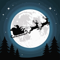 Fototapeta premium Silhouette of Santa Claus sleigh pulled by reindeer against a large full moon night