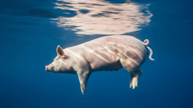 A pig swimming underwater demonstrating its natural behavior in a clear aquatic environment