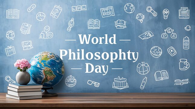 World Philosophy Day creative classroom scene with globe books and symbolic education icons on a blue textured background - Powered by Adobe
