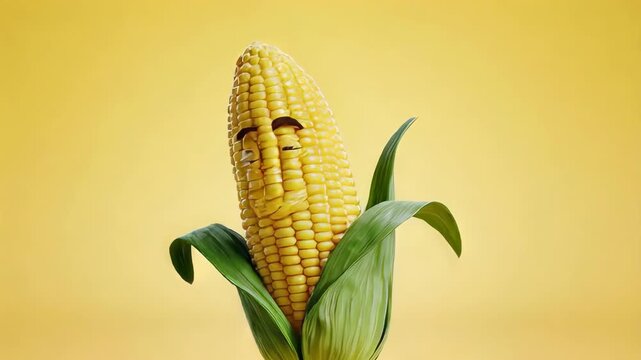 Cheerful animated corn on the cob with green leaves