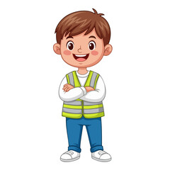 Smiling cartoon boy in a bright yellow-green reflective safety vest with arms crossed.