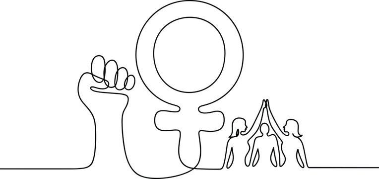 Female symbol raised fist and supportive women continuous line art