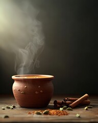 A steaming cup of chai tea served in a traditional clay cup with spices like cinnamon and cardamom scattered nearby